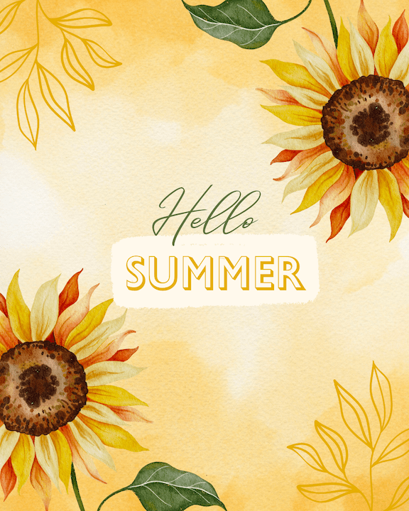 2 The words Hello Summer rest on a yellow background decorated with brown, yellow and orange flowers.