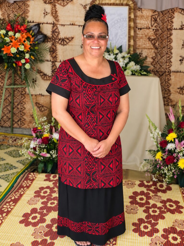 Smiling woman in red dress