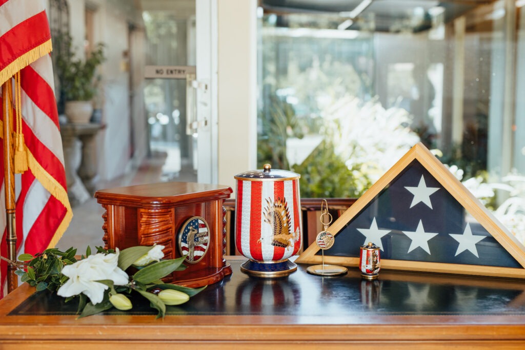 American Flag Urns and Keepsakes on a table.